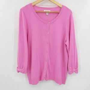 ELLE Pink Bow Cuff Button Front Cardigan Sweater Womens XL 3/4 Sleeve Pointelle